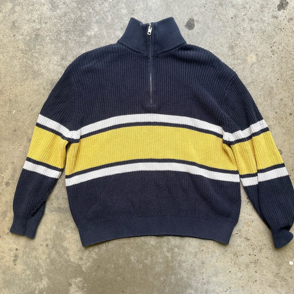 TNA Blue and Yellow Zip Up Sweater with Color-Block Design (Atritzia)